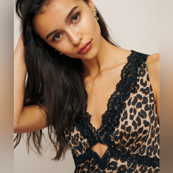 NWT- Reformation Belva Silk Dress in Leo Brown Leopard Black Lace Mini Dress - Picture 6 of 11